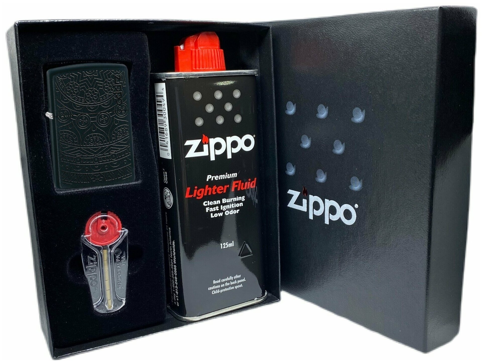 Подарочный набор ZIPPO ( Зажигалка ZIPPO 29989 Tone on Tone Design, черная, с покрытием Black Matte + кремни + топливо, 125 мл ) - фотография № 1