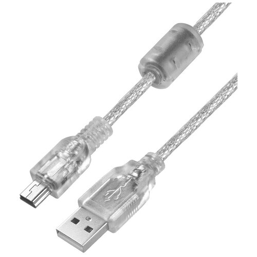 GCR Кабель 1.5m USB 2.0, AM/mini, прозрачный, ферритовое кольцо, 28/28 AWG, экран, армированный, морозостойкий