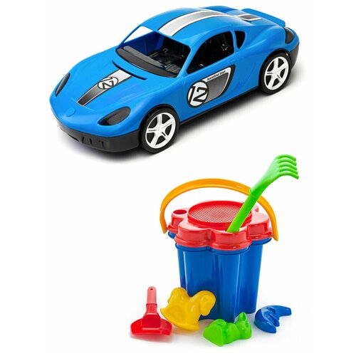 Игрушки для песочницы для снега Игрушка Детский автомобиль (Молния) синий + Песочный набор Цветок игрушки для песочницы для снега игрушка детский автомобиль молния синий лопатка 50 см красная
