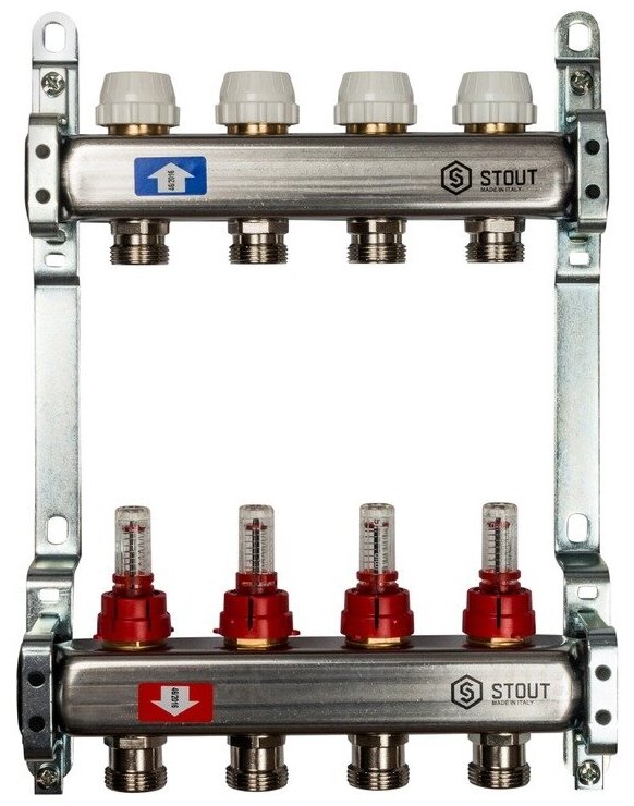 Распределительный коллектор Stout SMS в сборе с расходомерами и рег-щими вставками на 4 контура 1"х3/4"