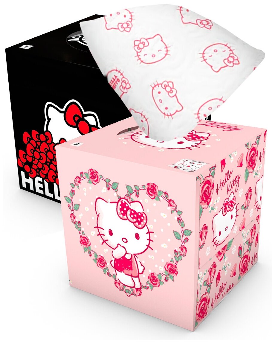Салфетки бумажные выдергушки World Cart "Hello Kitty" с рисунком 3-х слойные, 56 шт - фотография № 1