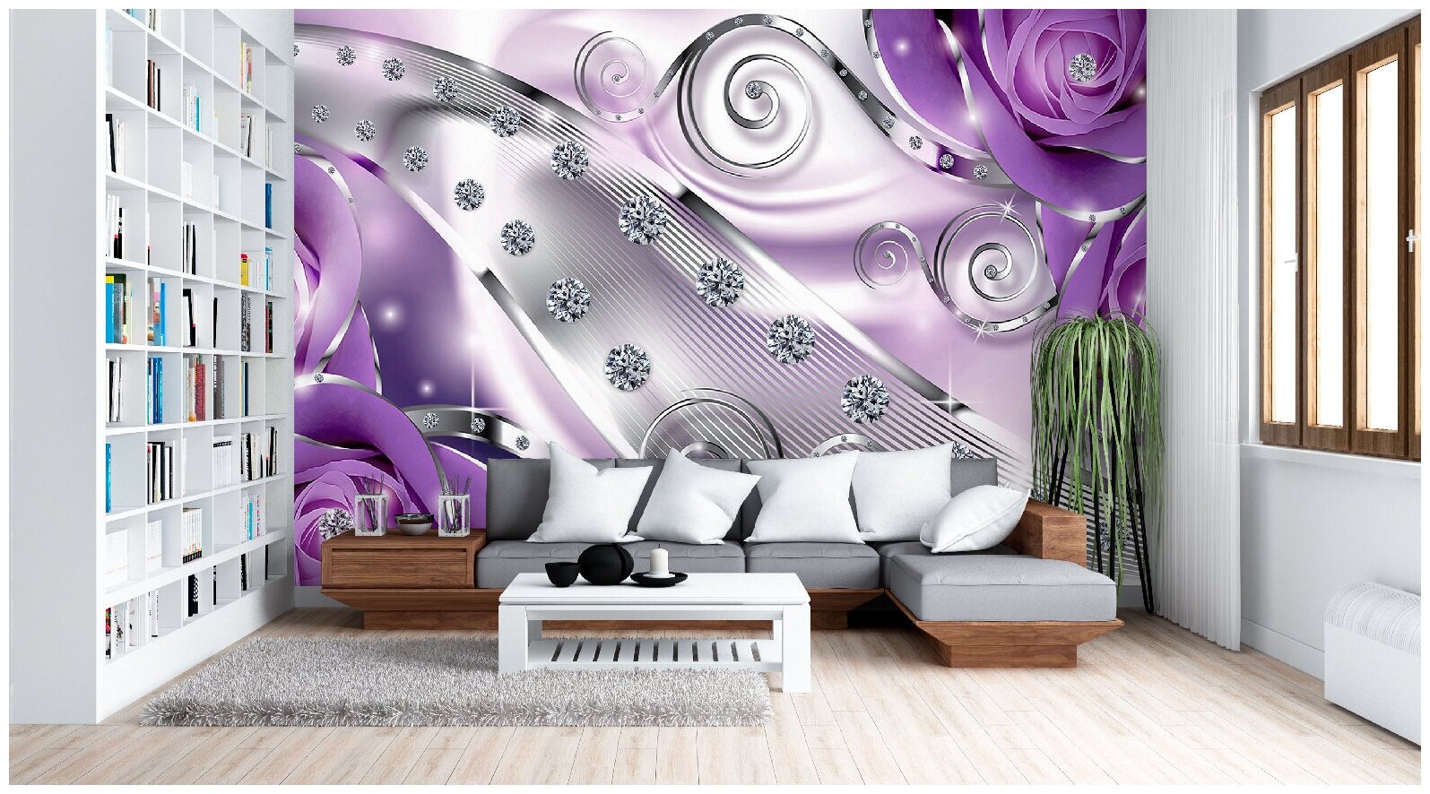 Фотообои / флизелиновые обои 3D розы и стразы в фиолетовом 4 x 27 м