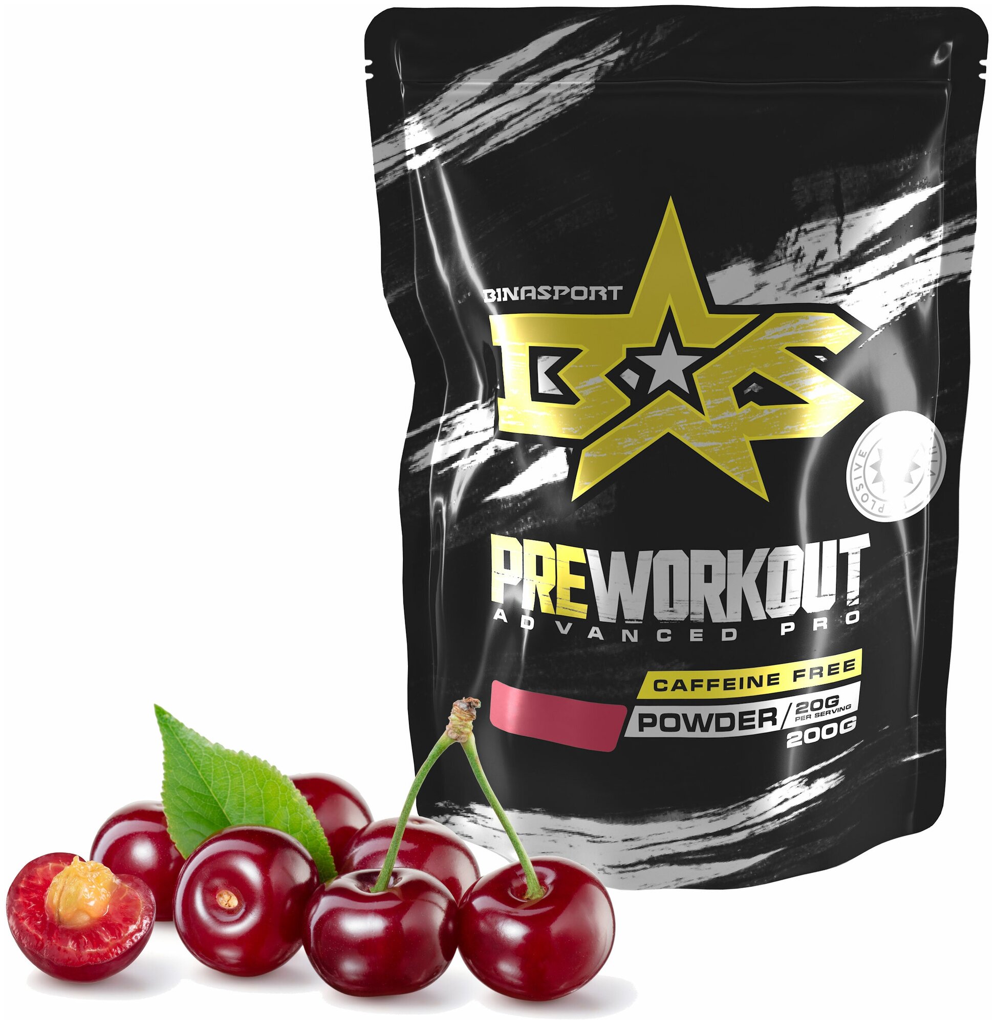 Предтренировочный комплекс Binasport "Preworkout Advanced Pro caffeine free" (без кофеина) порошок 200 г со вкусом вишни