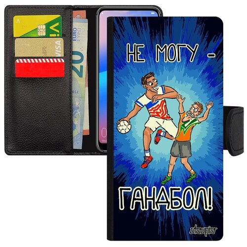 фото Ударопрочный чехол-книжка на смартфон // samsung galaxy a50 // "не могу - у меня гандбол!" картинка комикс, utaupia, синий