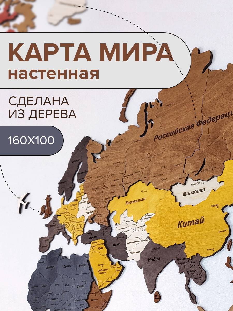 Карта мира деревянная двухуровневая 160х100см