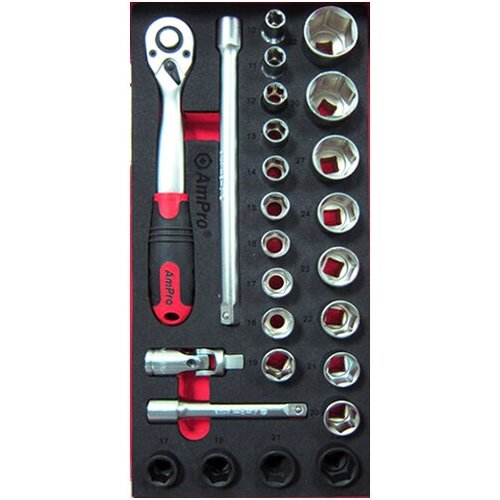 ampro набор инструмента для электрика в ложементе 6 предметов t28476 AmPro Набор головок и аксессуаров 1/2 в ложементе, 26 предметов T45419