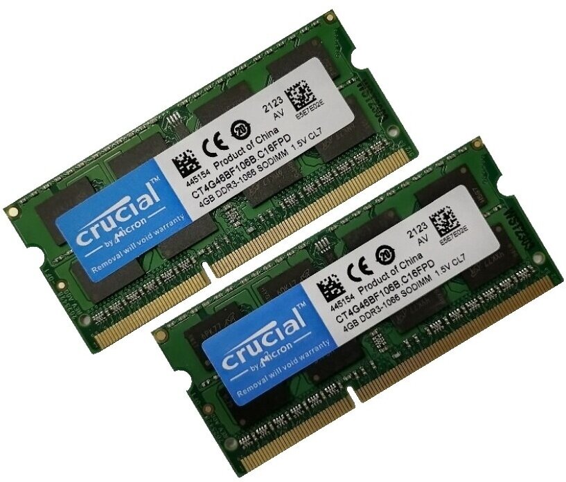 ОЗУ So-Dimm 8Gb PC3-8500, DDR3-1066, Crucial CT4G46BF106B. C16FPD (Kit 2x4Gb)