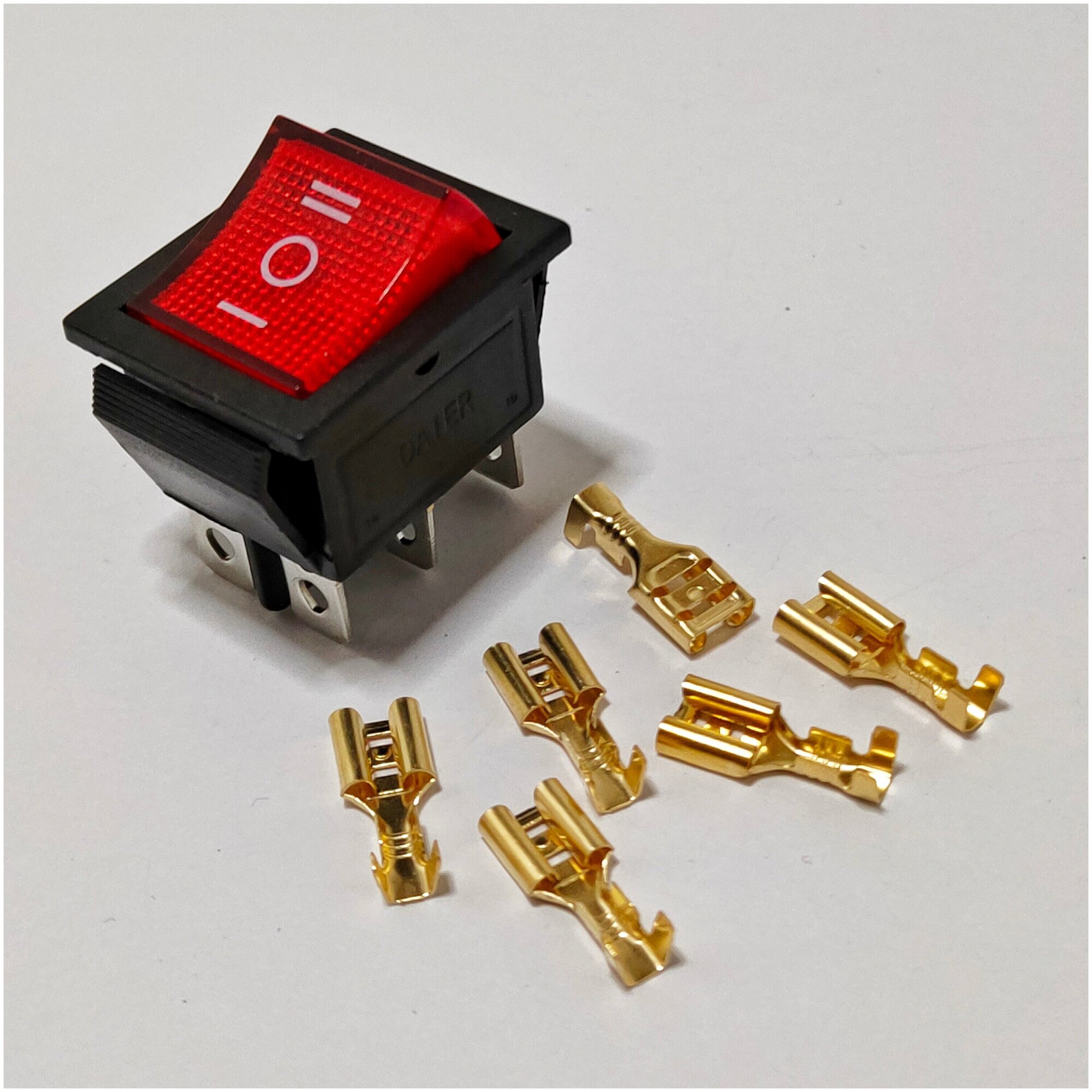 Выключатель клавишный С нейтралью подсветка 250V 15А (6с) ON-OFF-ON красный (комплект с клеммами и термоусадкой)