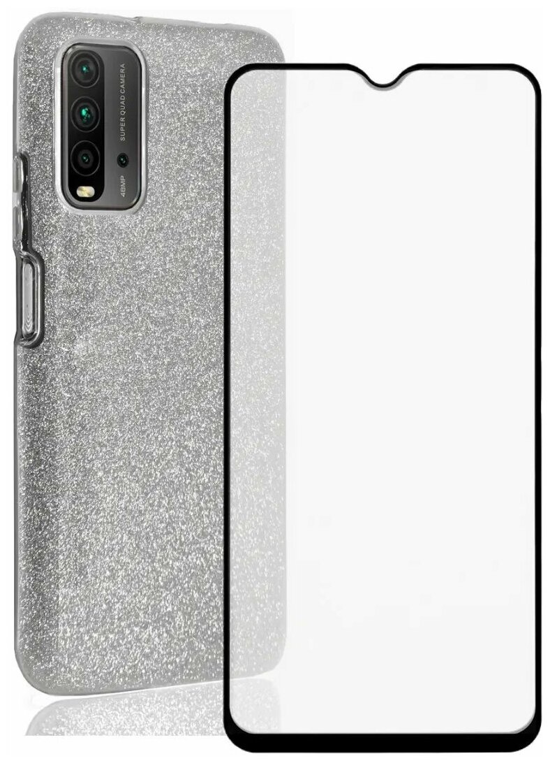 Комплект: Блестящий силиконовый чехол (серебристый) + защитное стекло для Samsung Galaxy A72