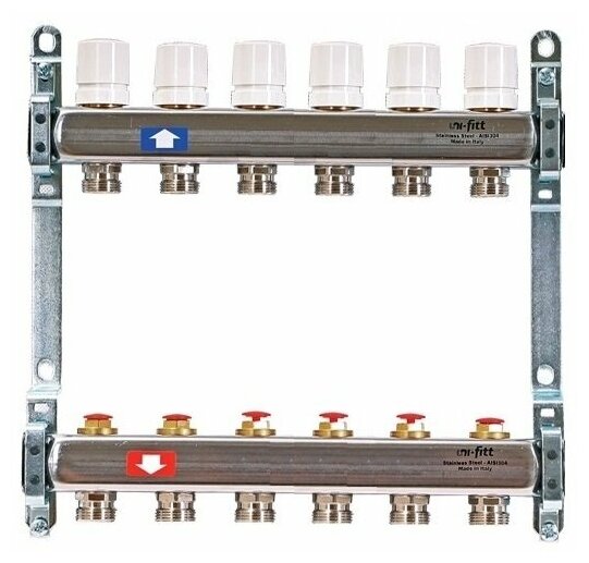 Колл. группа на 6 выходов UNI-FITT 1"x3/4" ЕК с рег. и термостатическими вентилями - нерж. сталь