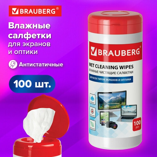 Салфетки для экранов всех типов и оптики BRAUBERG, туба 100 шт, влажные, 510122