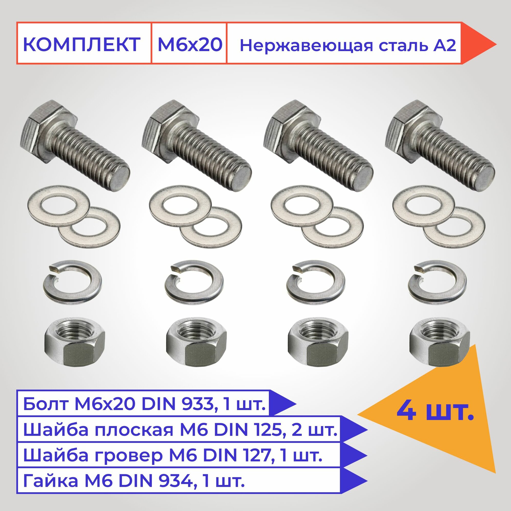 Болт М6х20мм с шестигранной головкой в наборе с гайкой, гровером и шайбой, нержавеющая сталь А2, 4 шт.