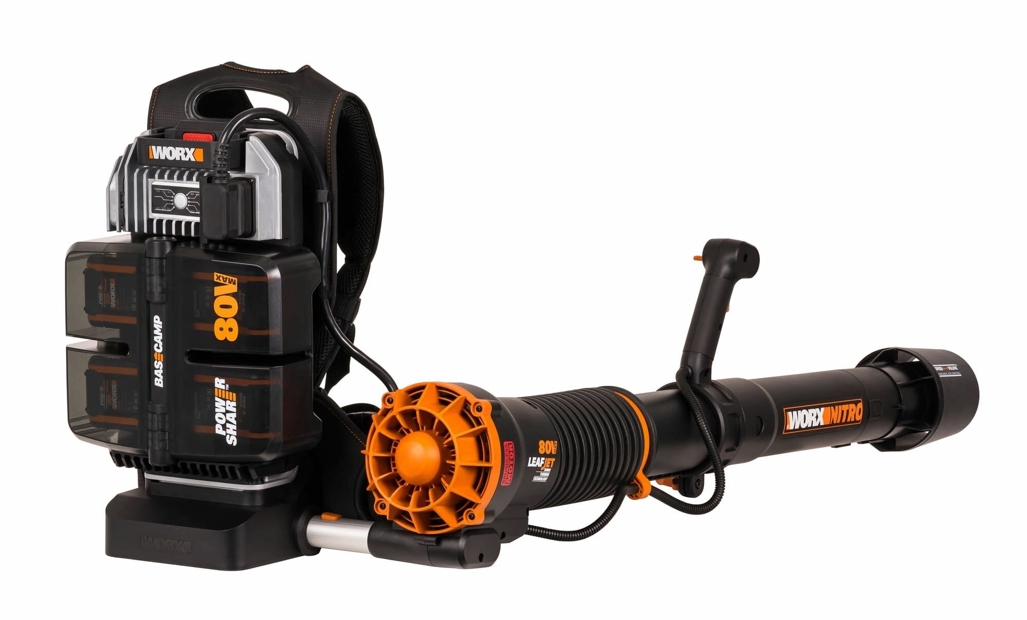 Аккумуляторная воздуходувка с бесщеточным мотором Worx Nitro LeafJet WG572Е 80 Вольт, 4 АКБ по 4 Ач + ЗУ BASECAMP 4 x 1А Kress - фото №2