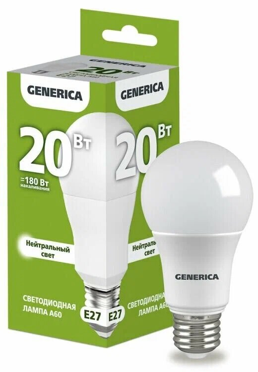 Лампа LED A60 груша 20Вт 230В 4000К E27 GENERICA , LL-A60-20-230-40-E27-G