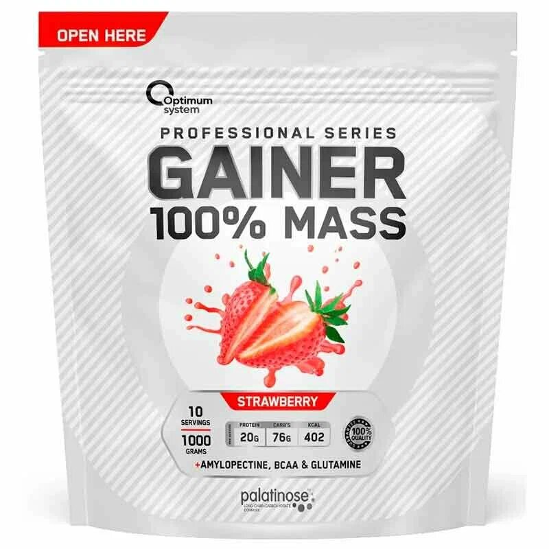 Гейнер Optimum system Gainer 100% Mass, 1000 г, клубника