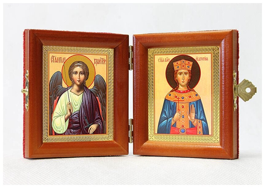 Складень именной "Великомученица Екатерина Александрийская - Ангел Хранитель", из двух икон 8*9,5 см