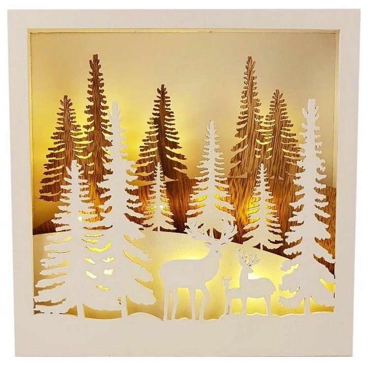 Светящаяся новогодняя декорация олени В лесу квадратная, дерево, 12 тёплых белых LED-огней, 25 см, батарейки, Peha Magic PT-96615