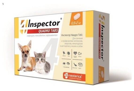 Таблетки Inspector Quadro от блох, клещей и гельминтов Tabs для кошек и собак 0,5-2кг