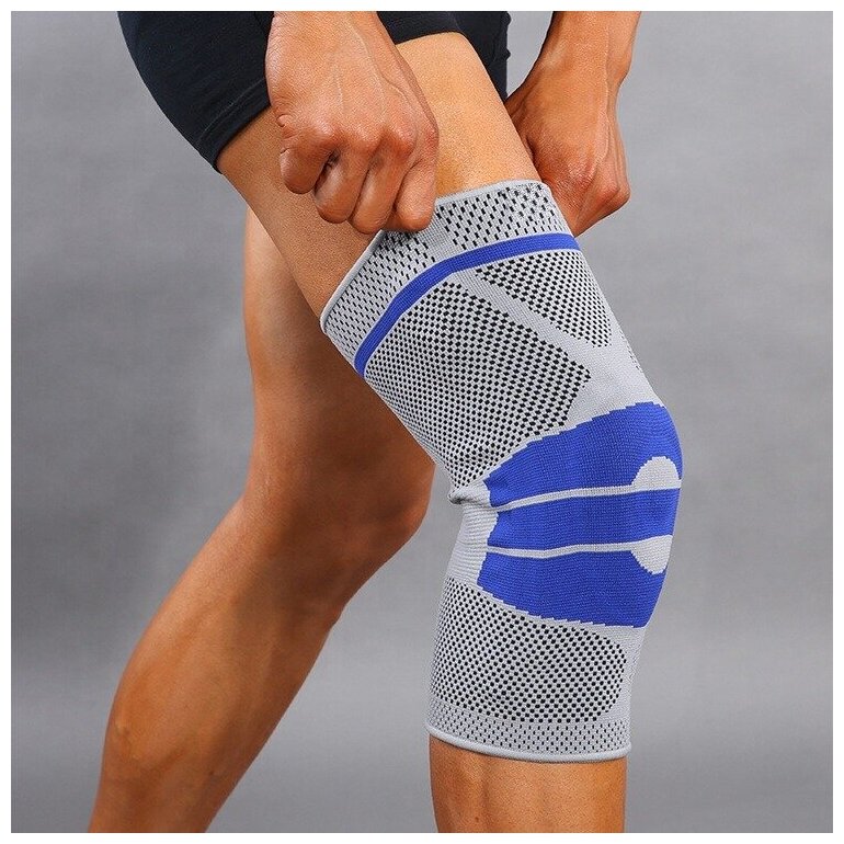Суппорт бандаж фиксатор на коленный сустав с усиленной силиконовой защитой и ребрами жесткости серый