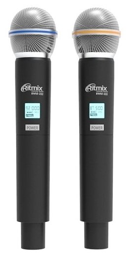 Вокальная радиосистема Ritmix RWM-222, два беспроводных динамических микрофона, приём 50 метров, черные