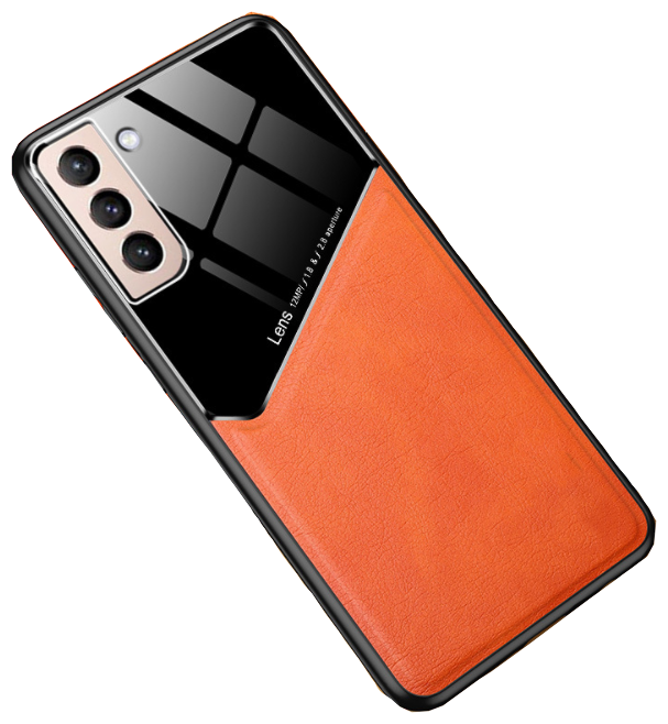 Фирменный роскошный чехол задняя панель из качественного силикона с дизайном под кожу со стеклянной вставкой для Samsung Galaxy S21 (SM-G991) оранж.