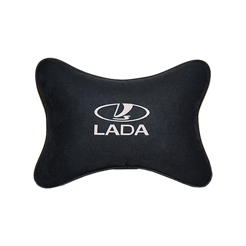 фото Подушка на подголовник алькантара black (белая) с логотипом автомобиля lada vital technologies