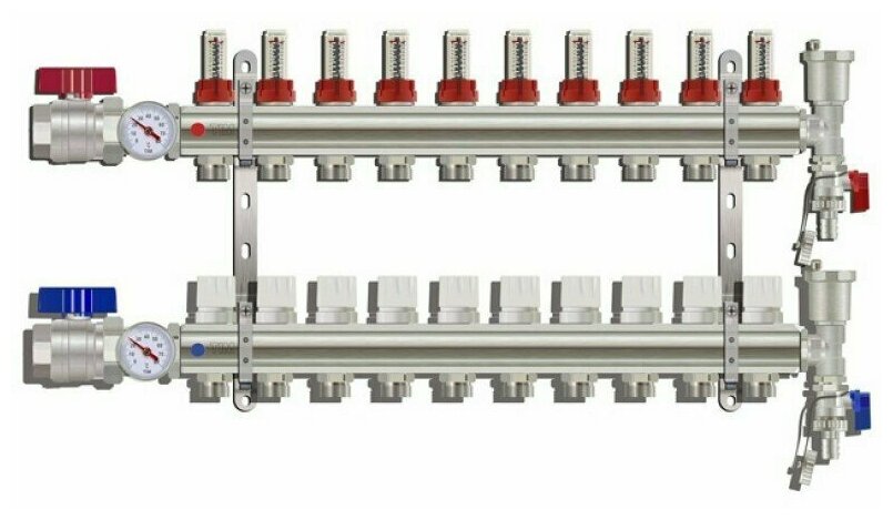 Коллекторная группа Tim (KA010) 1", 10 вых расходомер, воздухоотводчик, сливной кран, термометр