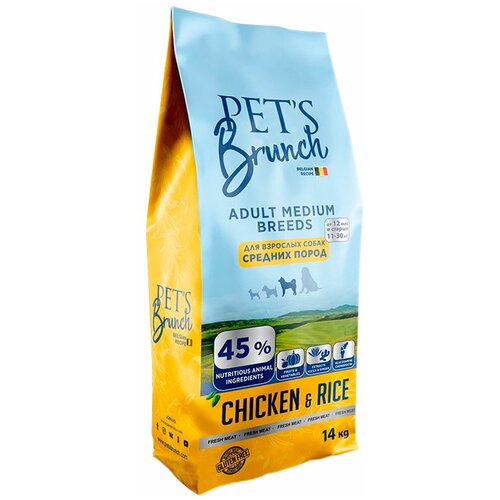 Сухой корм PET’S BRUNCH ADULT MEDIUM BREEDS CHICKEN & RICE для взрослых собак средних пород с курицей и рисом (14 кг)