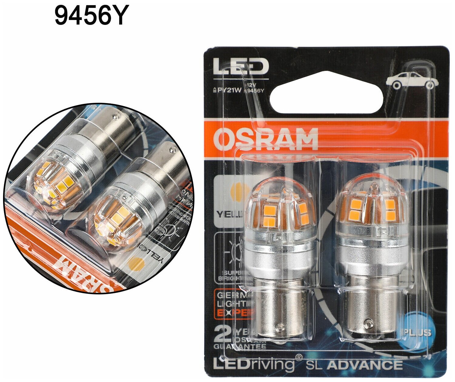 Лампа автомобильная OSRAM 9456Y 12V YELLOW LED PY21W 2.5W BAU15s