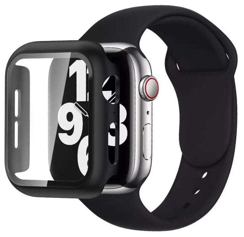 Чехол для Apple Watch 7 41мм со стеклом + силиконовый ремешок для Apple Watch 7 41mm, черный