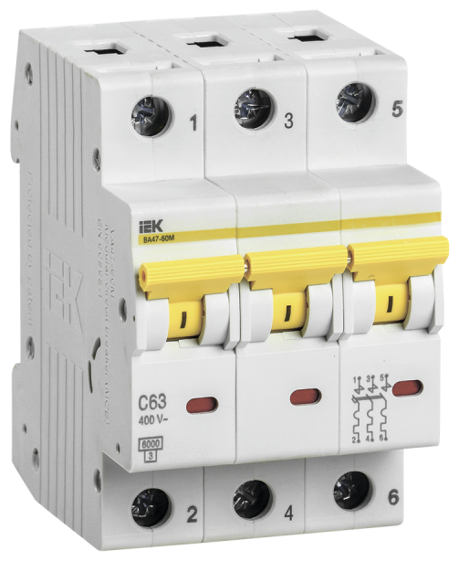 Выключатель автоматический трехполюсный ВА47-60M 3Р 50А 6кА С | код. MVA31-3-050-C | IEK (6шт. в упак.)