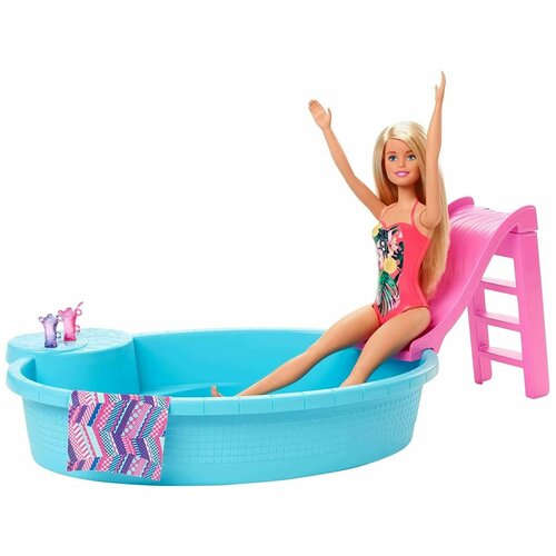 автомобиль barbie super adventure camper высотой 76 см с бассейном горкой и более 60 аксессуарами Кукла Barbie и бассейн с горкой, GHL91