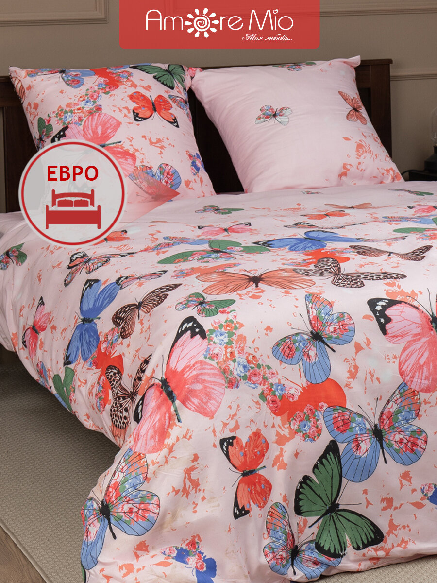 фото Постельное белье Amore Mio серии Макосатин евро, комплект с рисунком бабочки