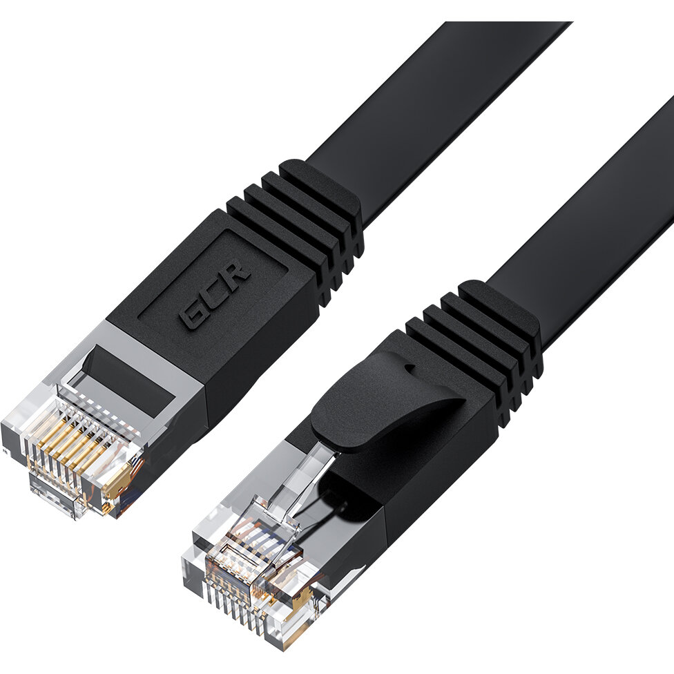 GCR Патч-корд 0.3m PROF плоский прямой кат.7 ethernet, медь, черный, RJ45, T568B, GCR-54145 Greenconnect GCR-54145