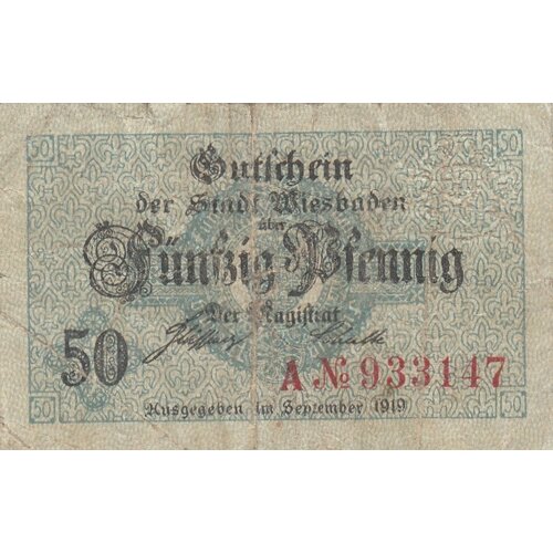 Германия (Веймарская Республика) Висбаден 50 пфеннигов 1919 г. (2) 50 пфеннигов 1967 германия f из оборота