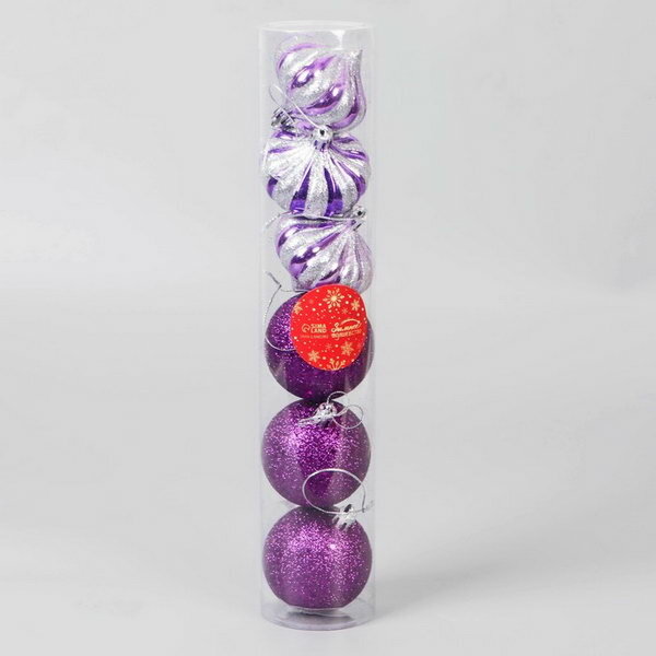 Набор украшений пластик 6 шт "Агнет" луковки полосы, 6 см, серебристо-фиолетовый