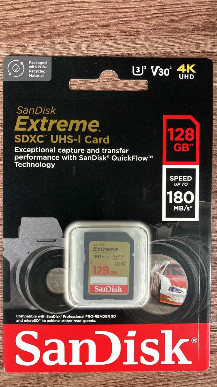 Карта памяти SanDisk SDXC Extreme Class 10 UHS-I U3 V30 (180/90MB/s) 128GB