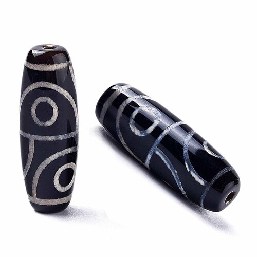 Бусина Дзи натуральный камень Агат черный с белым 4-глазая 0011284 цилиндр 30x12 мм, цена за 1 шт.