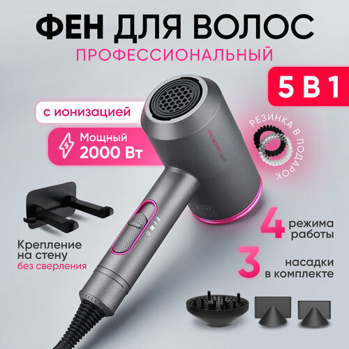 Фен для волос Super Hair Dryer профессиональный с ионизацией Набор для укладки волос 3 насадки РозовыйСерый 320000₽