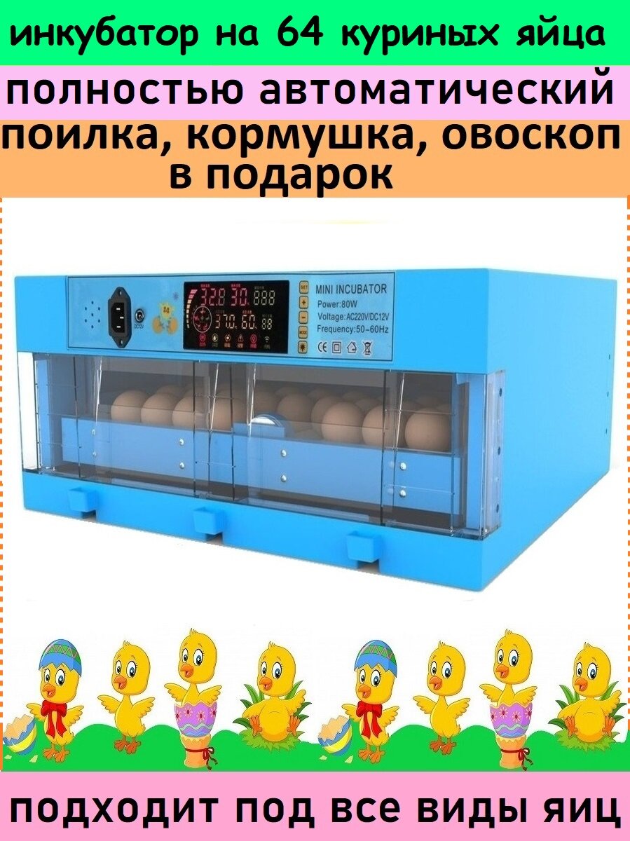 Инкубатор для яиц, автоматический, куриный, домашний, на 64, 60 яиц (70 яиц - при меньшем калибре)с автоповоротом, 12/220 вт