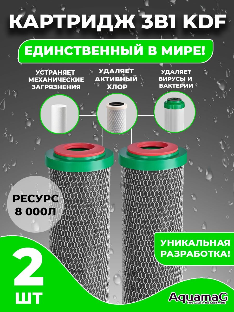 Картридж для фильтра воды 3 в 1 KDF 10SL (активированный битумный уголь с засыпкой KDF вспененное полипропиленовое волокно углеродное волокно) 2 шт