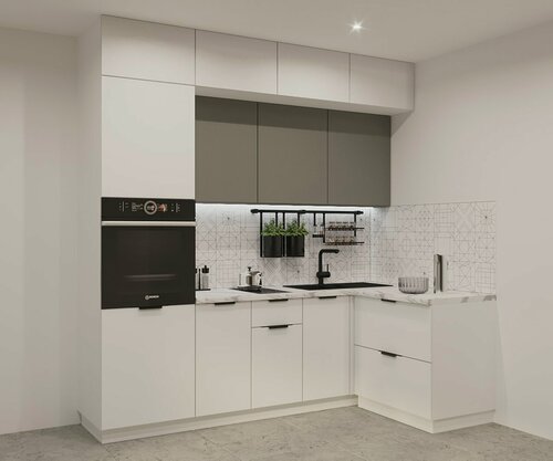 Изображение товара Кухонный угловой гарнитур Фаска Тальк /Обсидиан, с пеналом для бытовой техники, 2400х1400