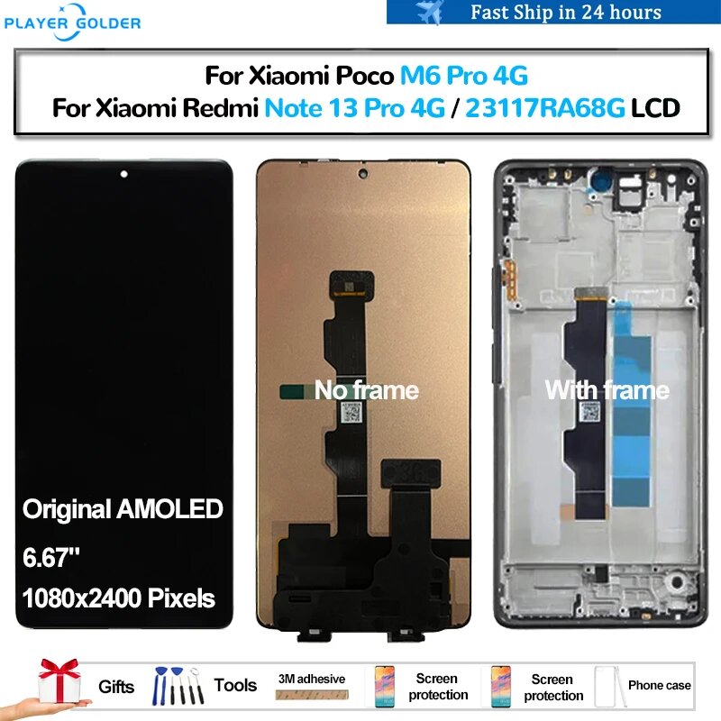 Оригинальный AMOLED для Xiaomi Poco M6 Pro 4G для Redmi Note 13 Pro 4G Pantalla ЖК-дисплей сенсорная панель дигитайзер экрана в сборе Black no frame