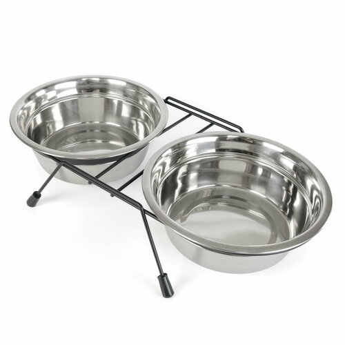ZooZooZoo Миска для животных металлическая двойная на подставке, чёрная, 2х1650мл, 21см