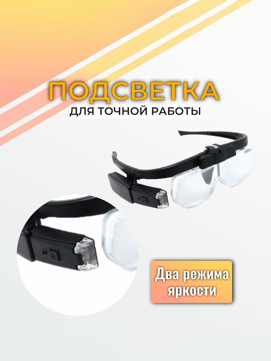Налобные очки-лупа с подсветкой, со сменными линзами 1.5х,2.0х,2.5х для чтения, рукоделия, косметологов — фото 1