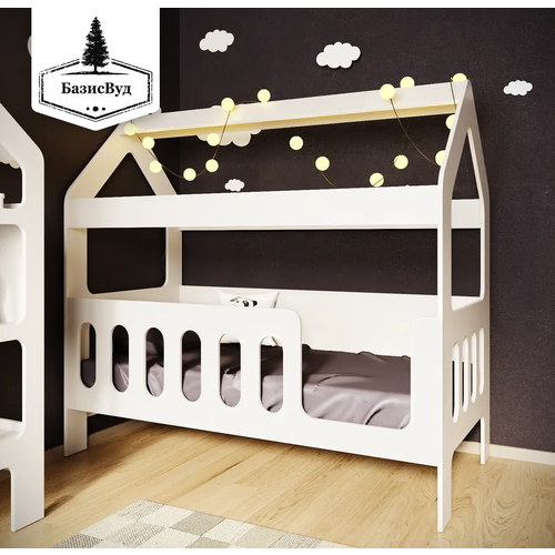 Кровать детская домик с текстилем (серый, с принцессами, вход справа) 