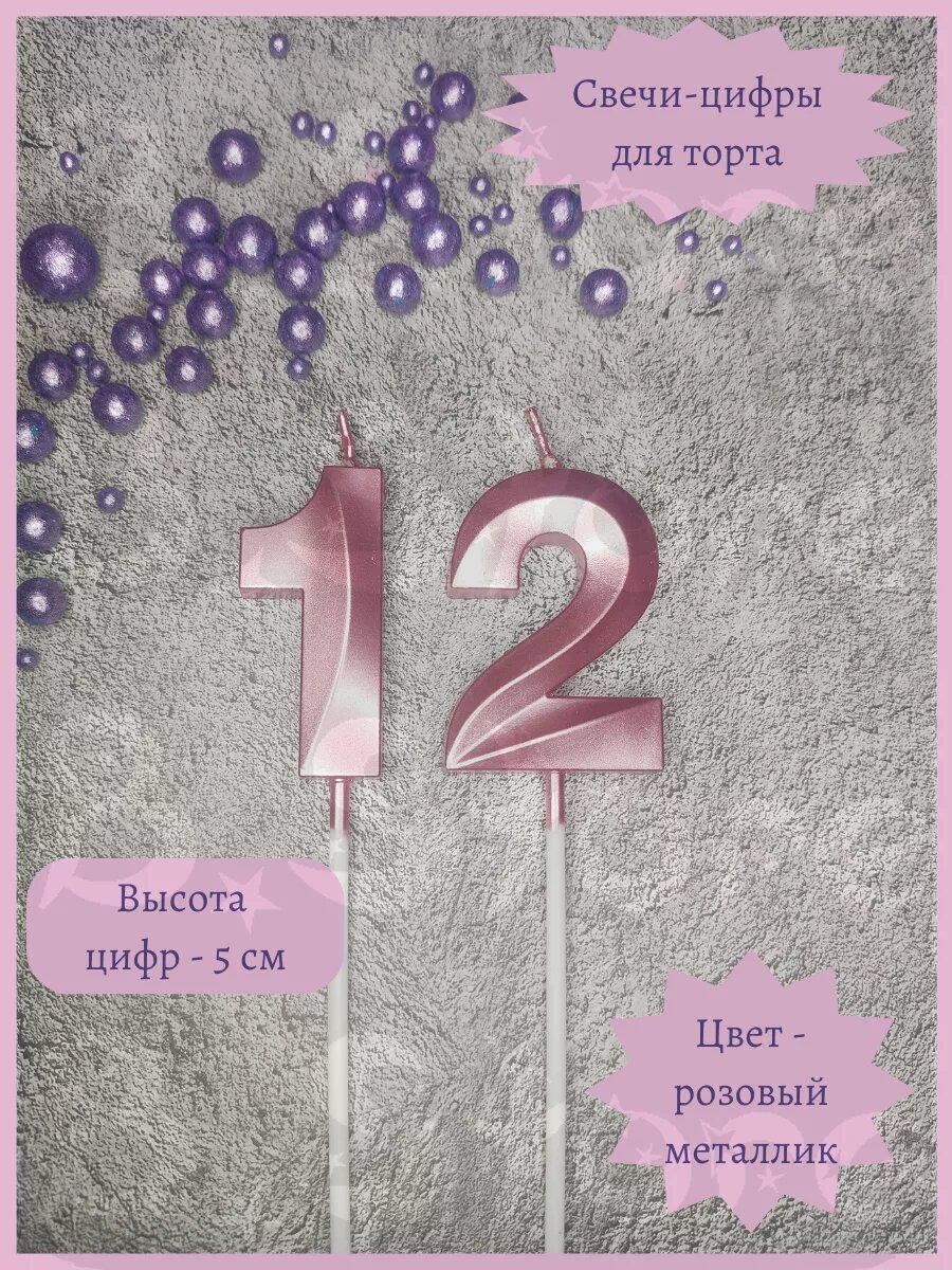 Свечи-цифры "12 (21)", для торта, розовые, хлопок, парафиновые, 5 см