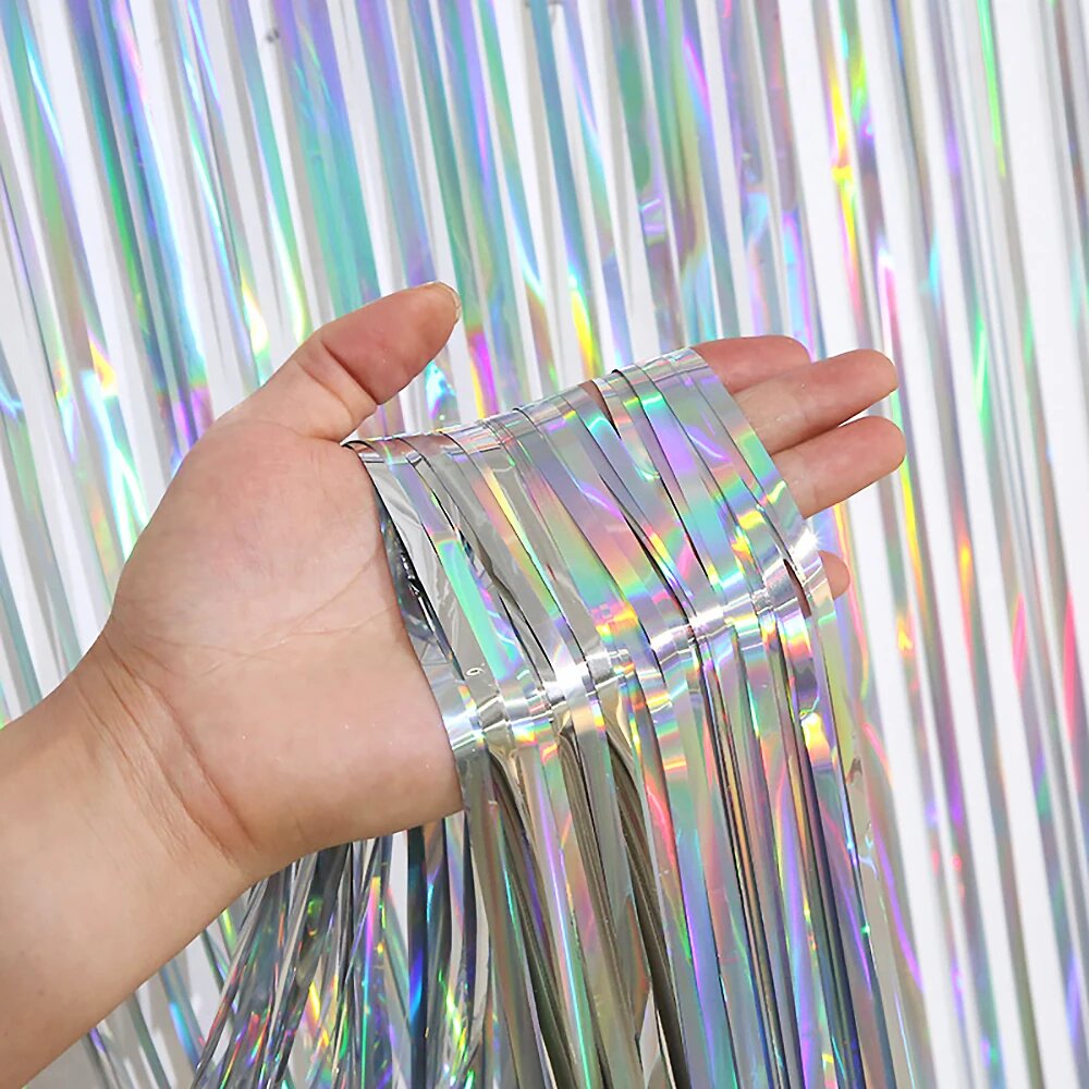 Фольговая занавеска с бахромой радуга Glitter silver