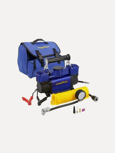 Изображение товара Компрессор Goodyear 80л/мин. двухпоршневой, питание от АКБ, съемный витой шланг, кейс (Goodyear)