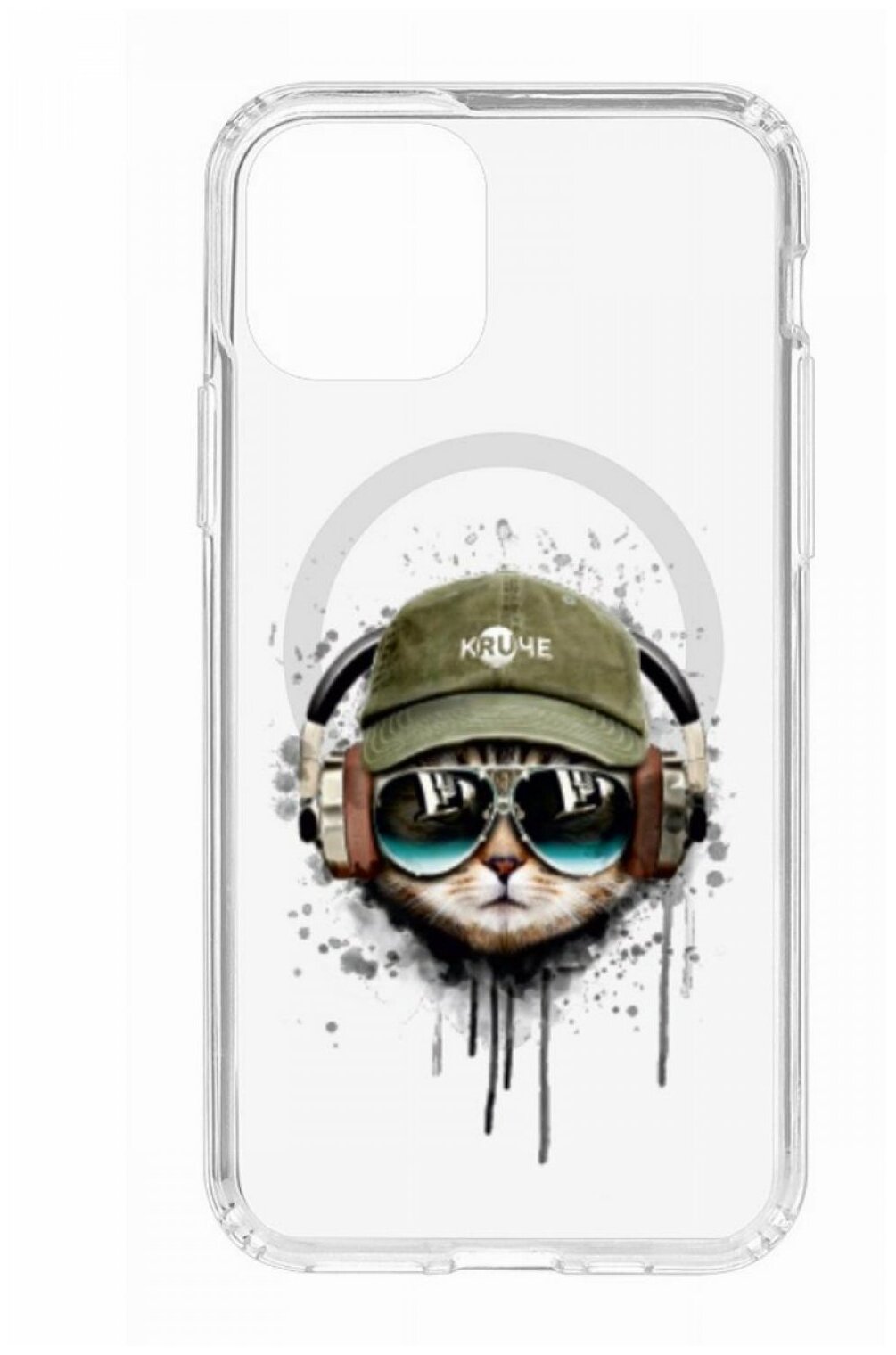 Чехол для iPhone 11 Pro Kruche Print MagSafe Кот в наушниках,противоударный силиконовый бампер с рисунком,пластиковый кейс МагСейф с защитой камеры